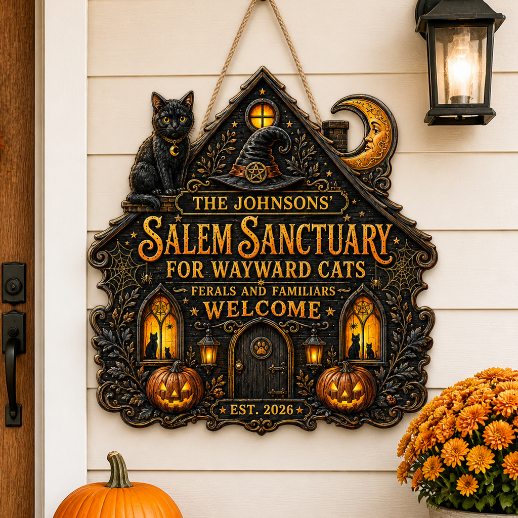 Salem Sanctuary For Wayward Cats - Personalized Family Name Wood Sign - Halloween Decor For Cat Lovers
