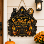 Salem Sanctuary For Wayward Cats - Personalized Family Name Wood Sign - Halloween Decor For Cat Lovers