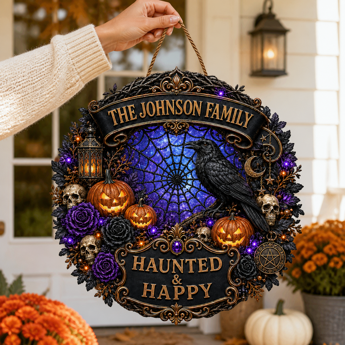 Haunted & Happy Raven Wreath - Personalized Family Name Wood Sign - Gothic Halloween Decor