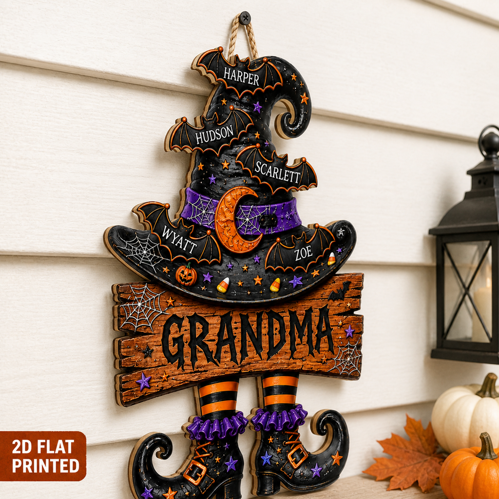 Grandma’s Witch Hat With Grandkids’ Names - Personalized Wood Sign - Halloween Gift For Grandma