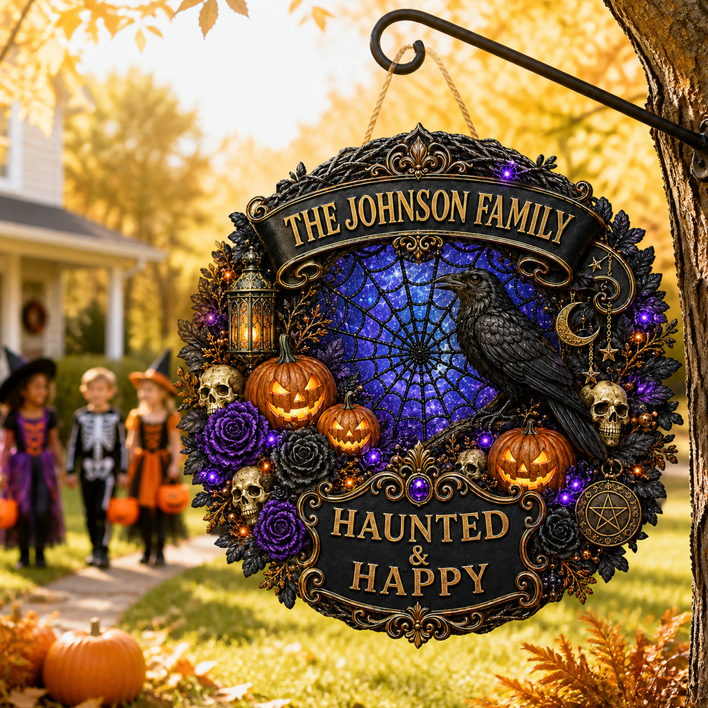 Haunted & Happy Raven Wreath - Personalized Family Name Wood Sign - Gothic Halloween Decor