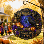 Haunted & Happy Raven Wreath - Personalized Family Name Wood Sign - Gothic Halloween Decor