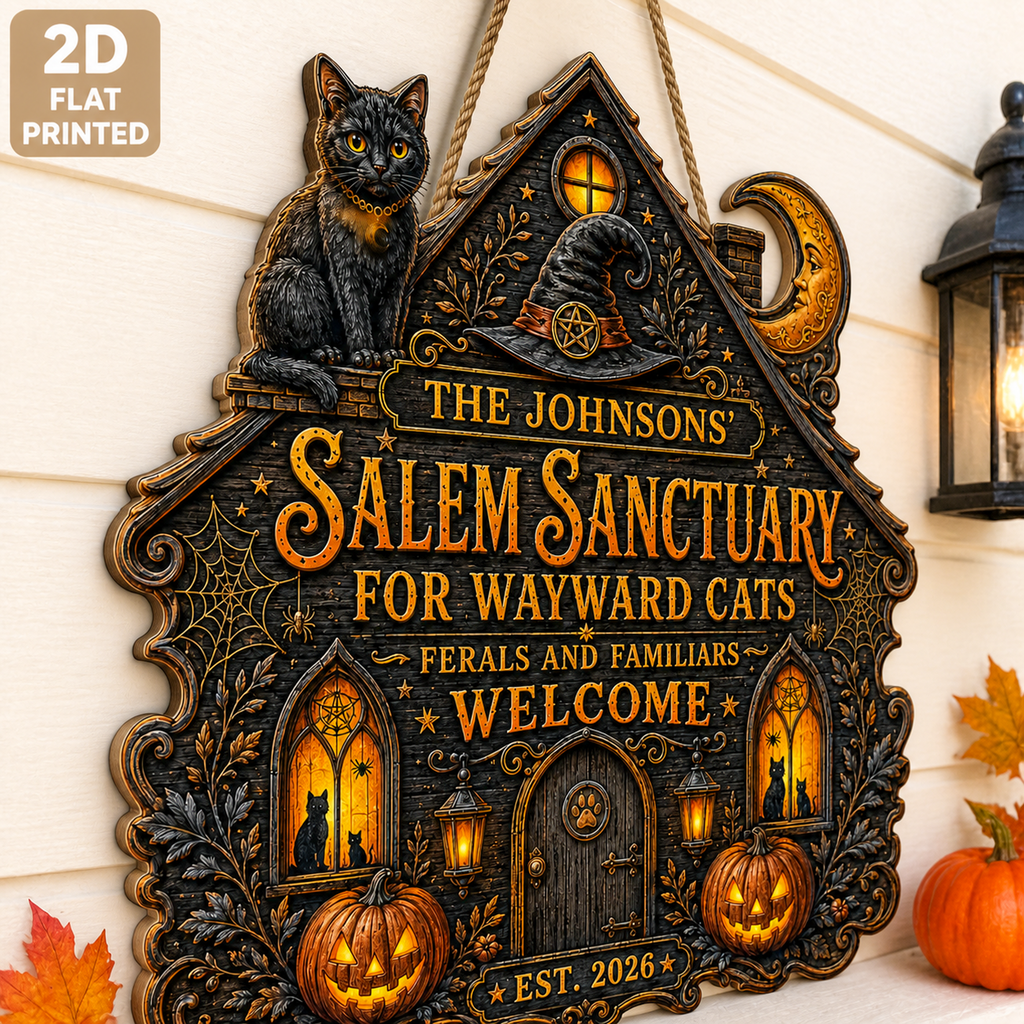 Salem Sanctuary For Wayward Cats - Personalized Family Name Wood Sign - Halloween Decor For Cat Lovers