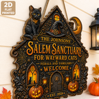 Salem Sanctuary For Wayward Cats - Personalized Family Name Wood Sign - Halloween Decor For Cat Lovers