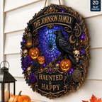 Haunted & Happy Raven Wreath - Personalized Family Name Wood Sign - Gothic Halloween Decor