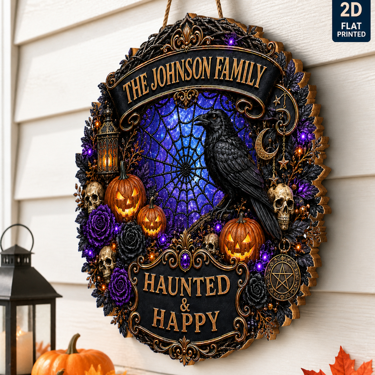 Haunted & Happy Raven Wreath - Personalized Family Name Wood Sign - Gothic Halloween Decor
