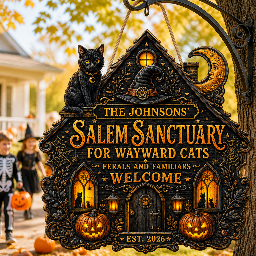Salem Sanctuary For Wayward Cats - Personalized Family Name Wood Sign - Halloween Decor For Cat Lovers