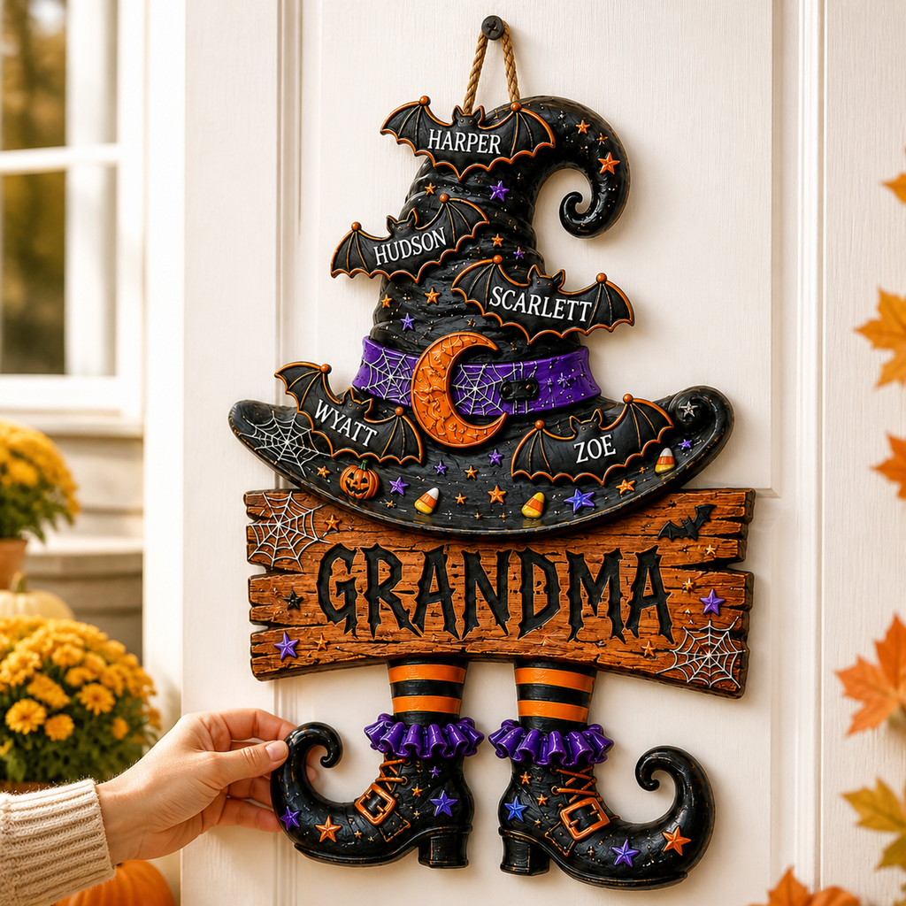 Grandma’s Witch Hat With Grandkids’ Names - Personalized Wood Sign - Halloween Gift For Grandma