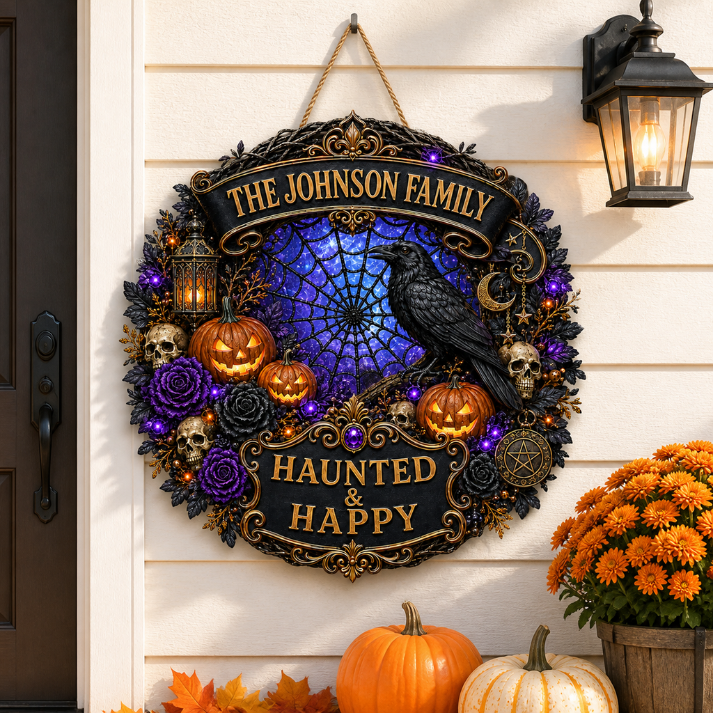 Haunted & Happy Raven Wreath - Personalized Family Name Wood Sign - Gothic Halloween Decor