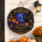 Haunted & Happy Raven Wreath - Personalized Family Name Wood Sign - Gothic Halloween Decor