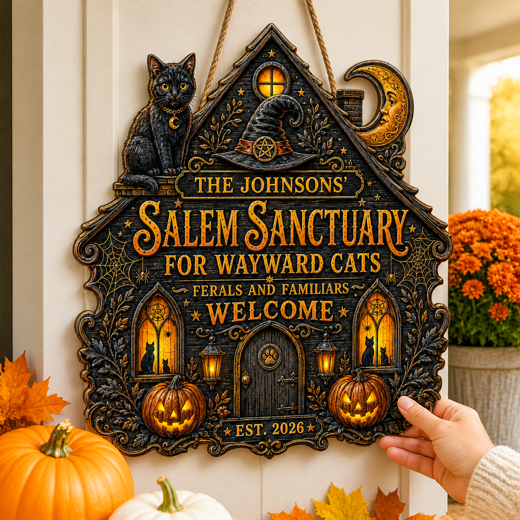 Salem Sanctuary For Wayward Cats - Personalized Family Name Wood Sign - Halloween Decor For Cat Lovers
