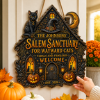 Salem Sanctuary For Wayward Cats - Personalized Family Name Wood Sign - Halloween Decor For Cat Lovers