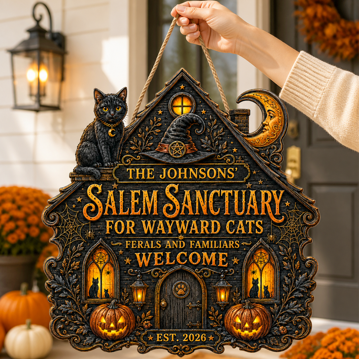 Salem Sanctuary For Wayward Cats - Personalized Family Name Wood Sign - Halloween Decor For Cat Lovers