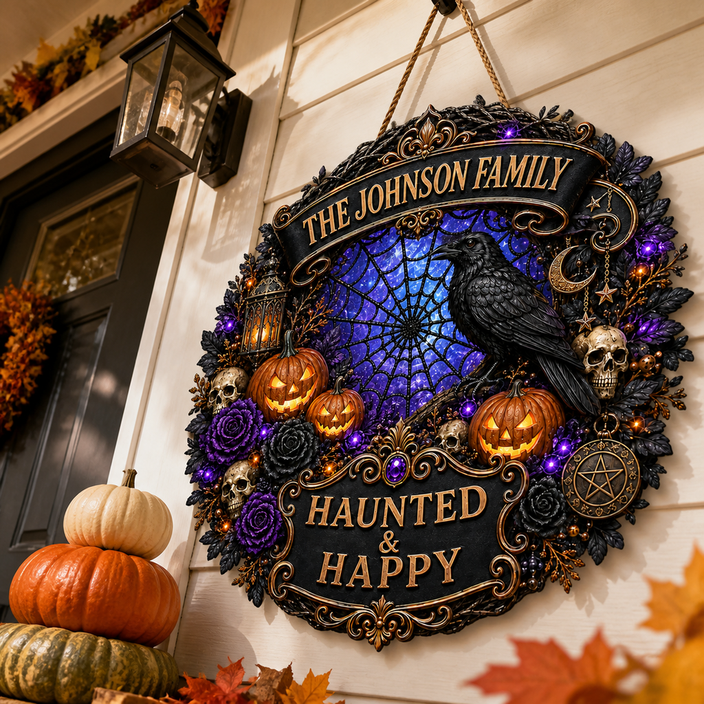 Haunted & Happy Raven Wreath - Personalized Family Name Wood Sign - Gothic Halloween Decor