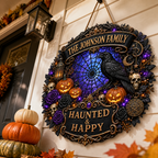 Haunted & Happy Raven Wreath - Personalized Family Name Wood Sign - Gothic Halloween Decor