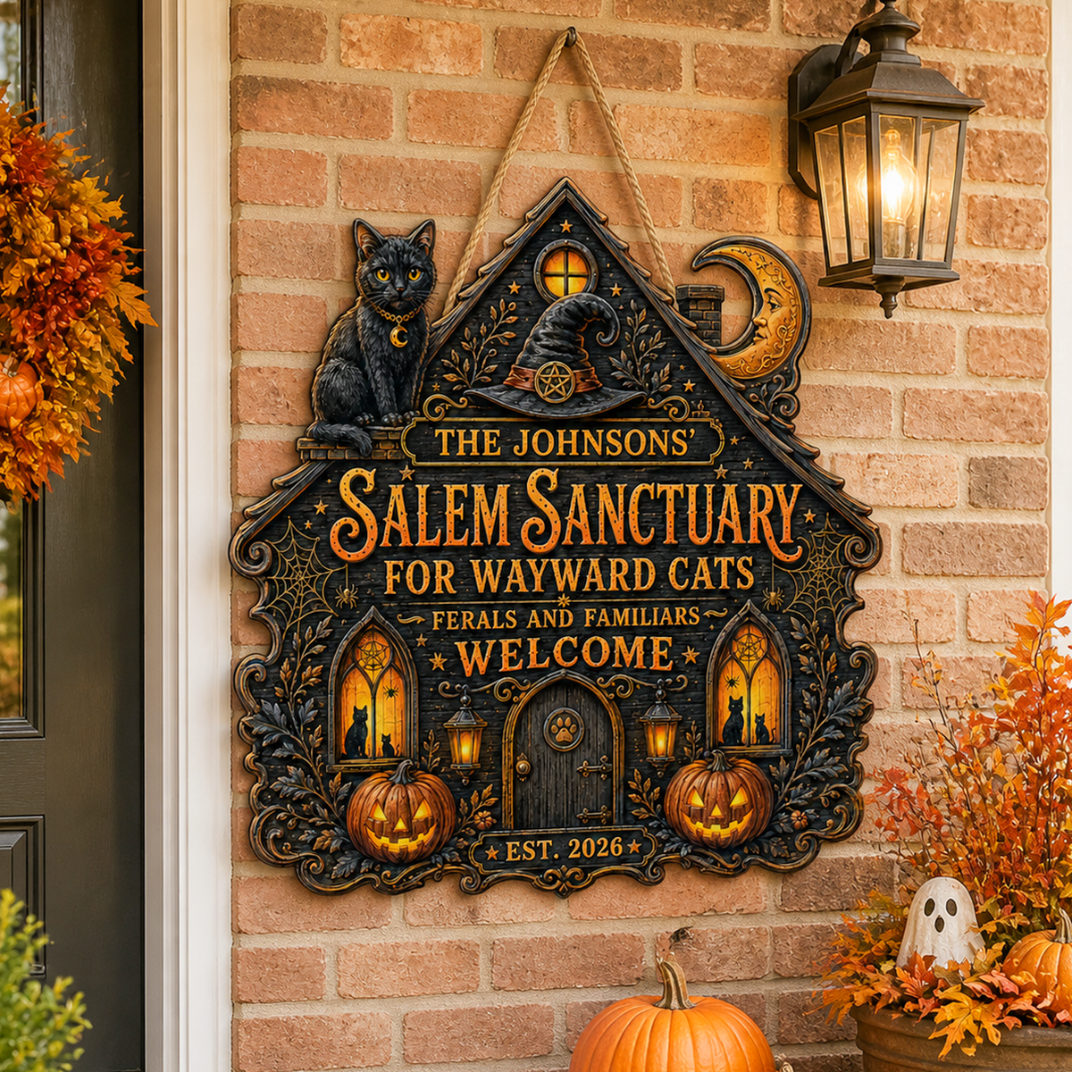 Salem Sanctuary For Wayward Cats - Personalized Family Name Wood Sign - Halloween Decor For Cat Lovers