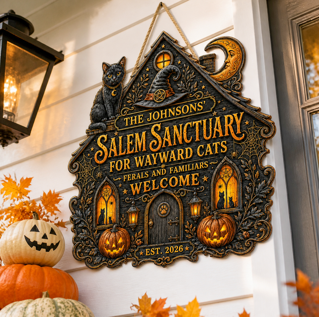 Salem Sanctuary For Wayward Cats - Personalized Family Name Wood Sign - Halloween Decor For Cat Lovers