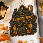 Salem Sanctuary For Wayward Cats - Personalized Family Name Wood Sign - Halloween Decor For Cat Lovers
