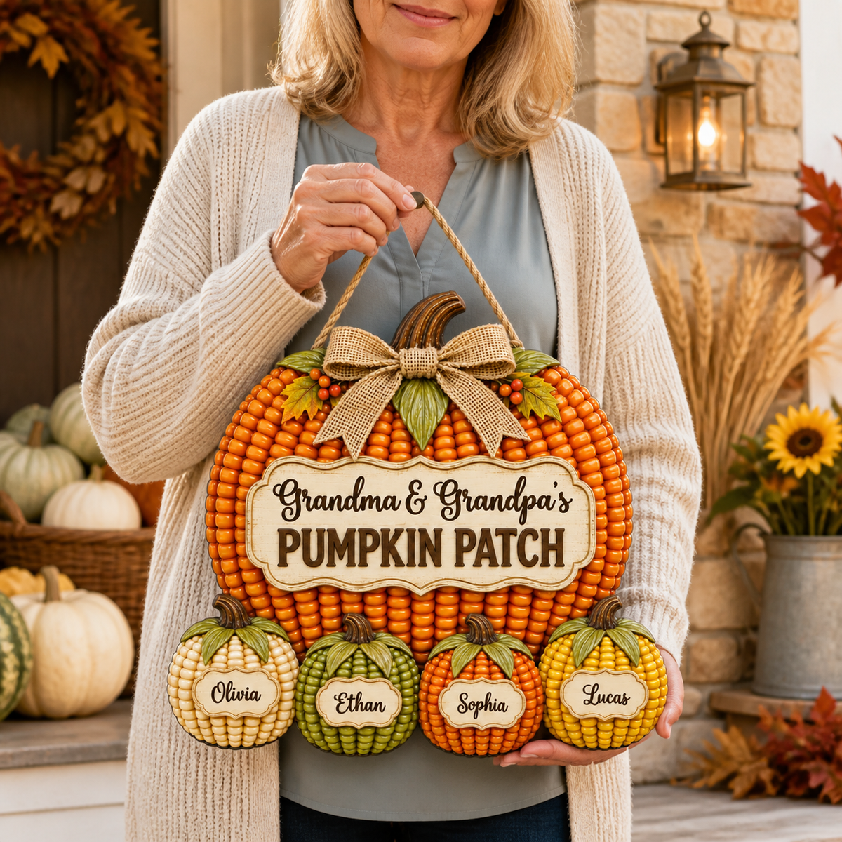 Personalized Pumpkin Patch Wood Sign for Grandparents – Corn Design