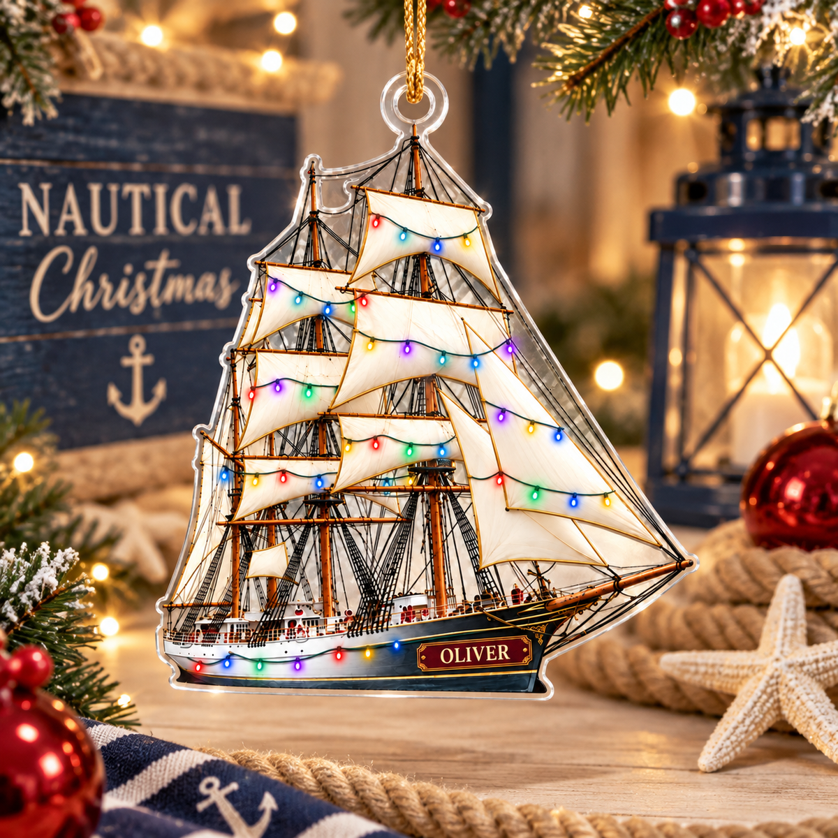 Tall Sailing Ship With Christmas Lights & Custom Name - Personalized Acrylic Ornament - Christmas Gift For Sailor & Boat Lover