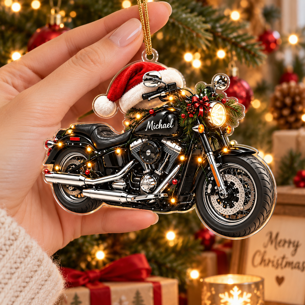 Motorcycle With Santa Hat & Custom Name - Personalized Acrylic Ornament - Christmas Gift For Biker & Motorcycle Lover