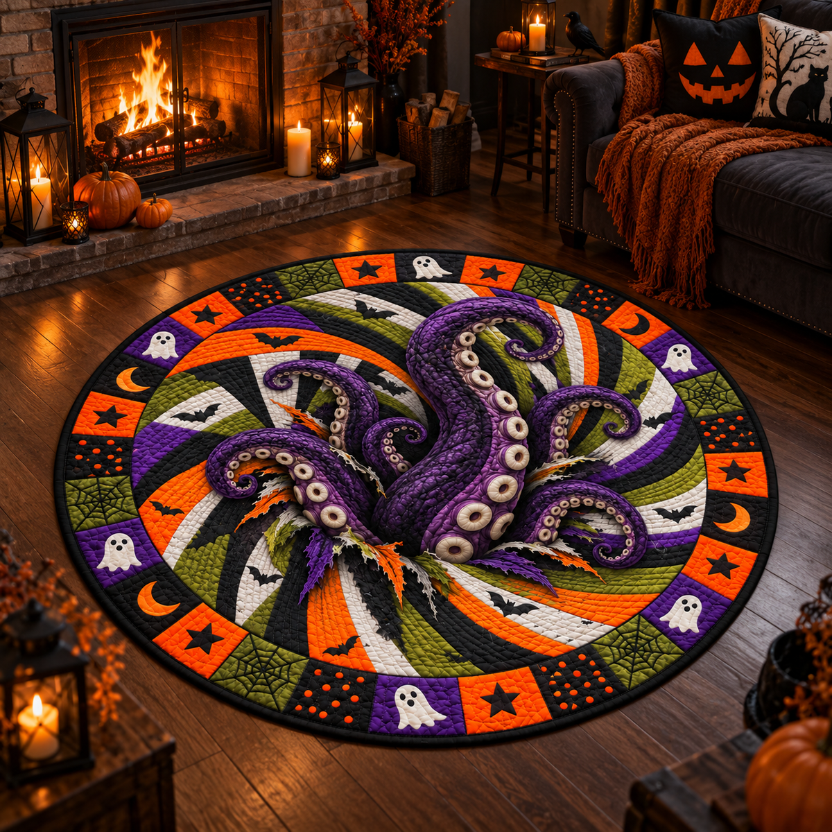 Halloween Witch Quilted Round Mat – 3D Vortex Illusion