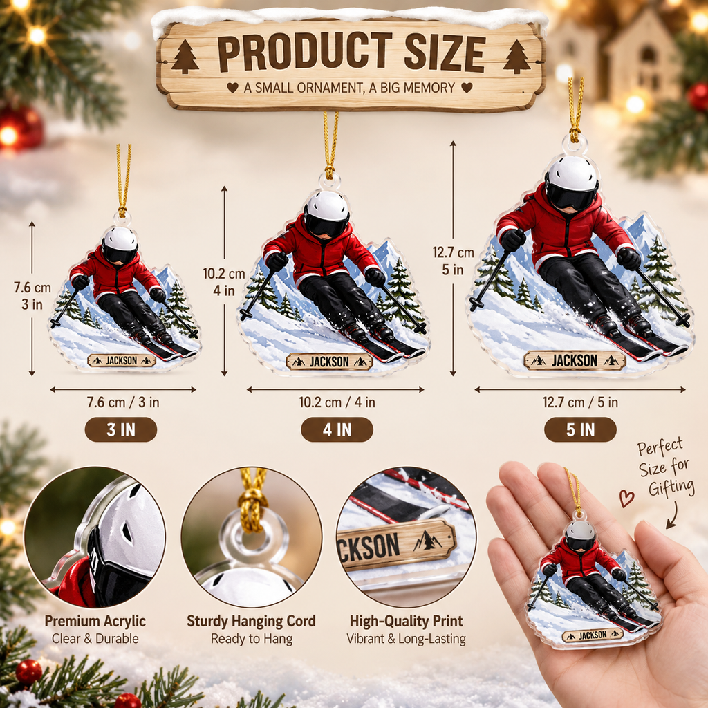 Downhill Skier In Snowy Mountains With Custom Name - Personalized Acrylic Ornament - Christmas Gift For Skier