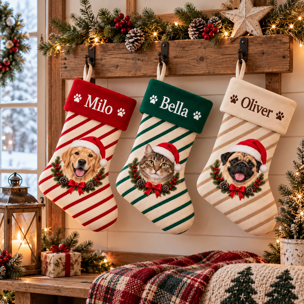 Personalized Pet Christmas Stocking, Custom Dog Cat Photo Stocking, Striped Christmas Stocking, Pet Lover Gift, Xmas Mantel Decor