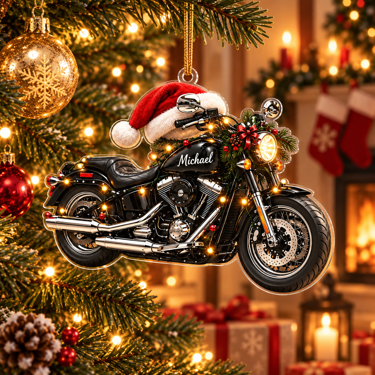 Motorcycle With Santa Hat & Custom Name - Personalized Acrylic Ornament - Christmas Gift For Biker & Motorcycle Lover