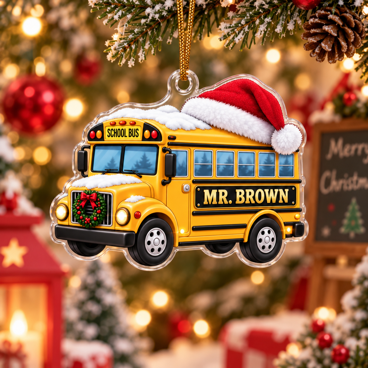 School Bus With Santa Hat & Custom Name - Personalized Acrylic Ornament - Christmas Gift For Bus Driver