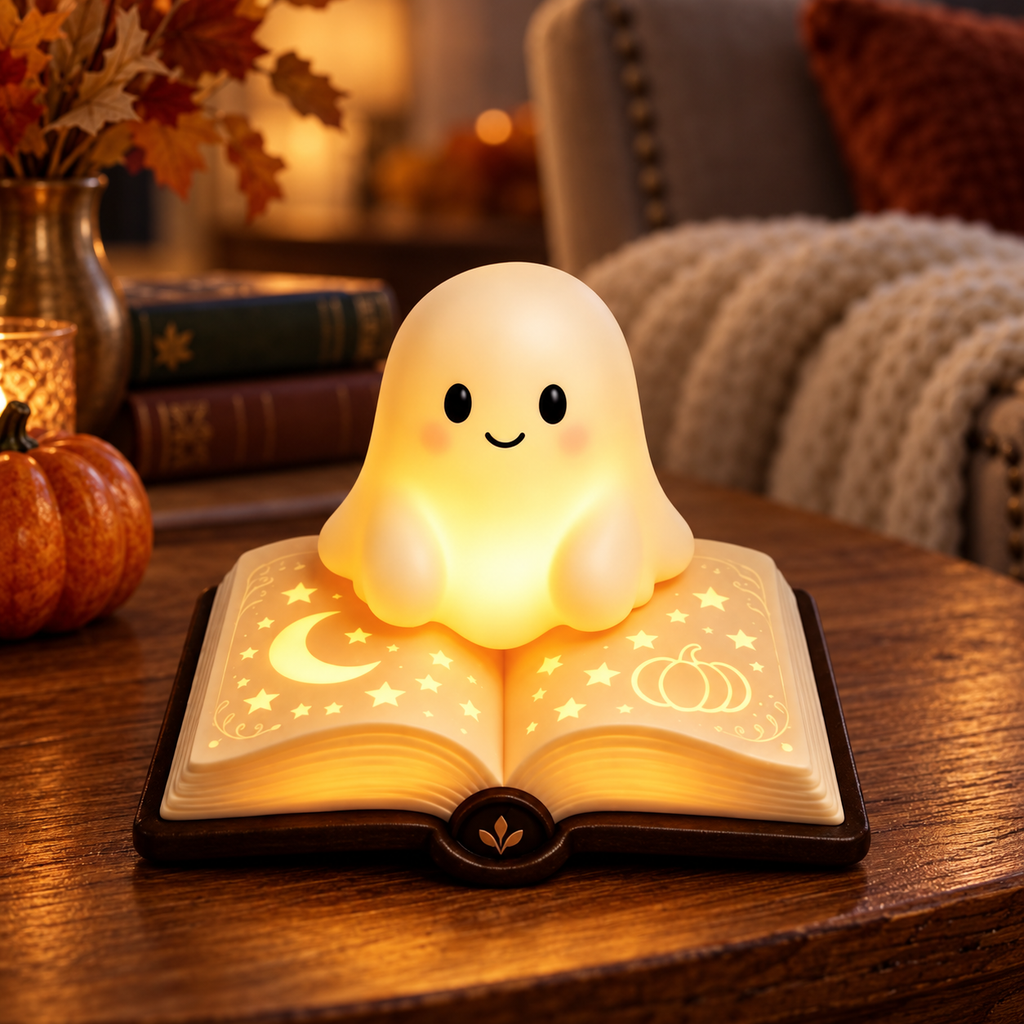 Cute Ghost Sitting on a Book - Halloween Night Light - Cozy Gift For Book Lovers