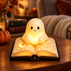 Cute Ghost Sitting on a Book - Halloween Night Light - Cozy Gift For Book Lovers