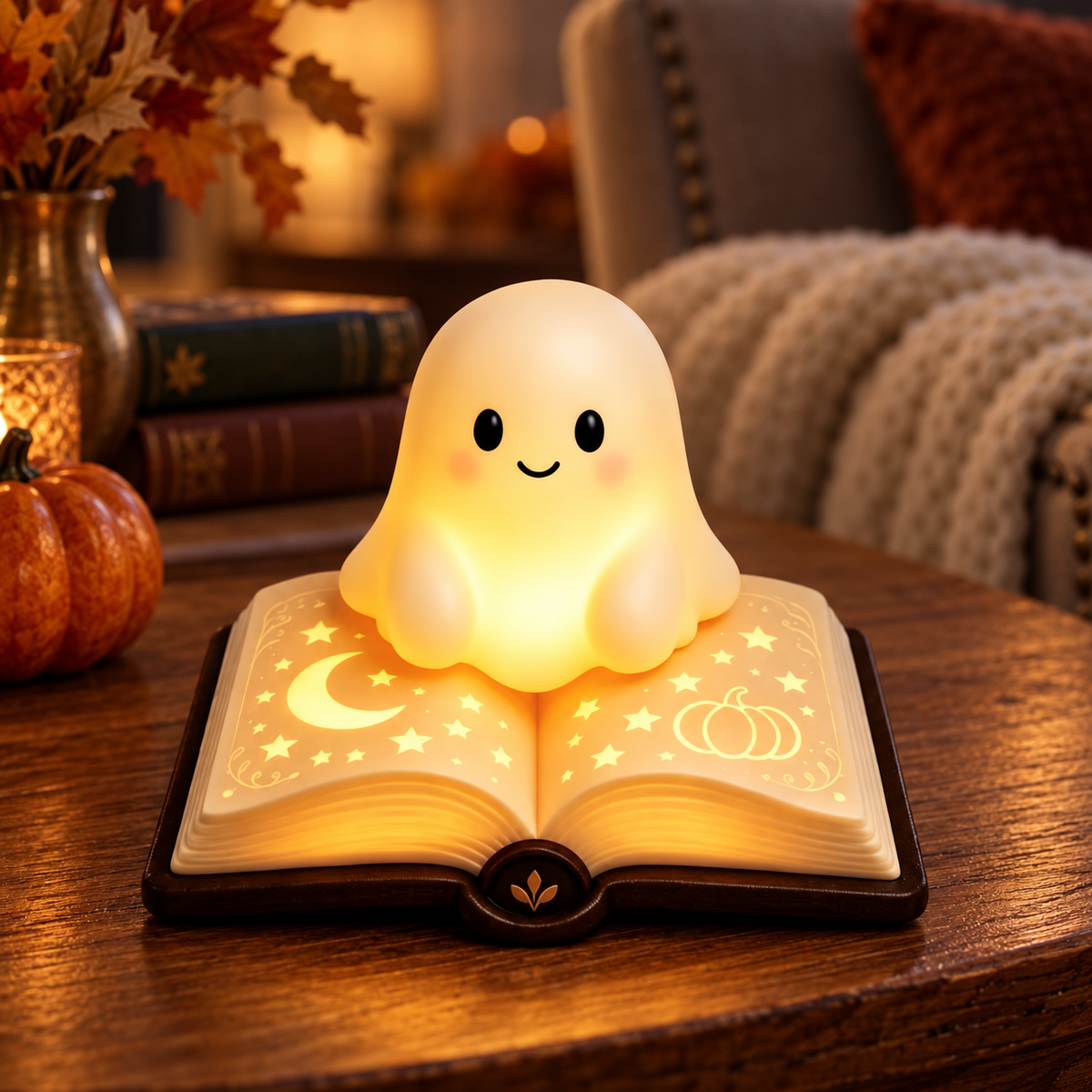 Cute Ghost Sitting on a Book - Halloween Night Light - Cozy Gift For Book Lovers