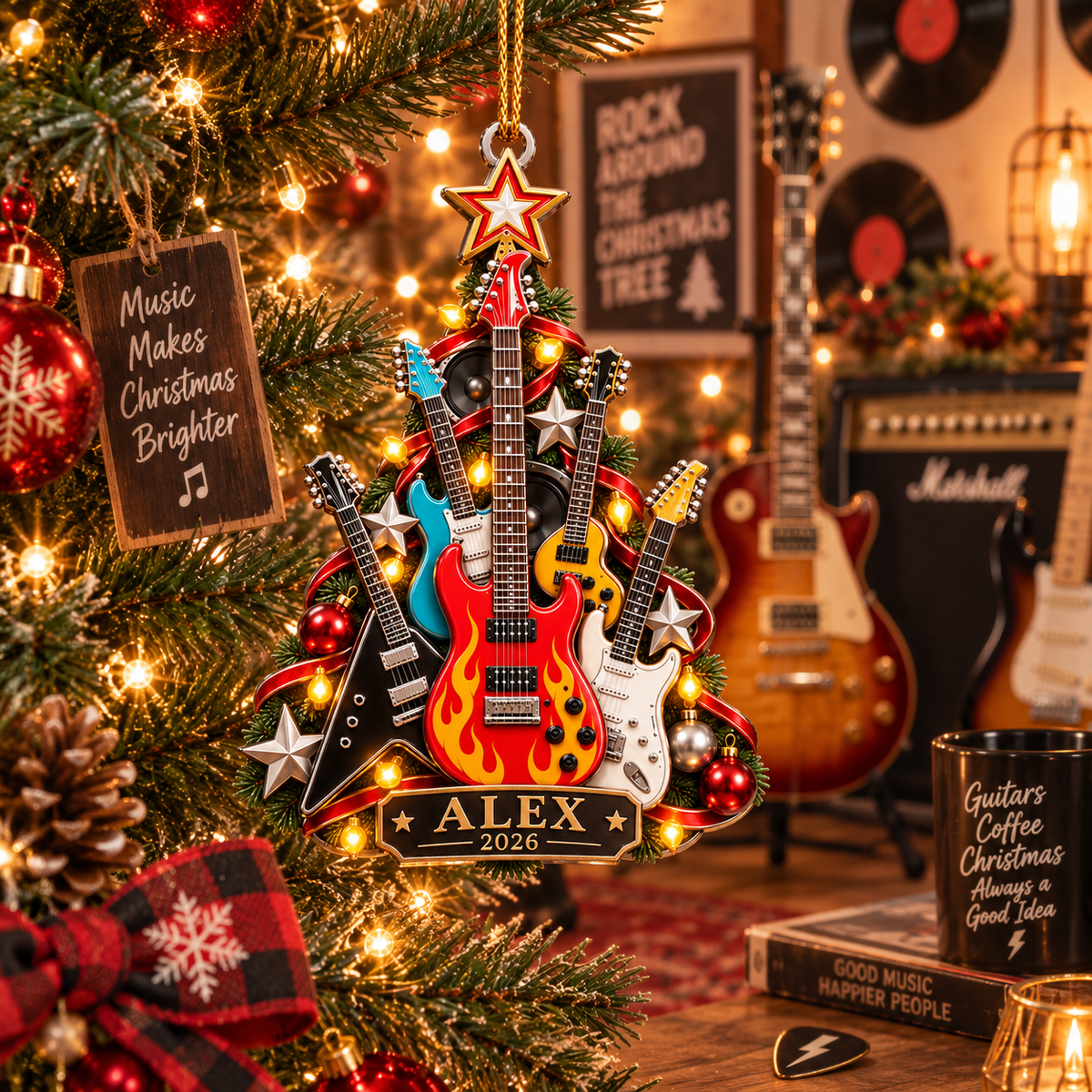 Rock Guitar Christmas Tree With Custom Name & Year - Personalized Acrylic Ornament - Christmas Gift For Guitarist & Music Lover