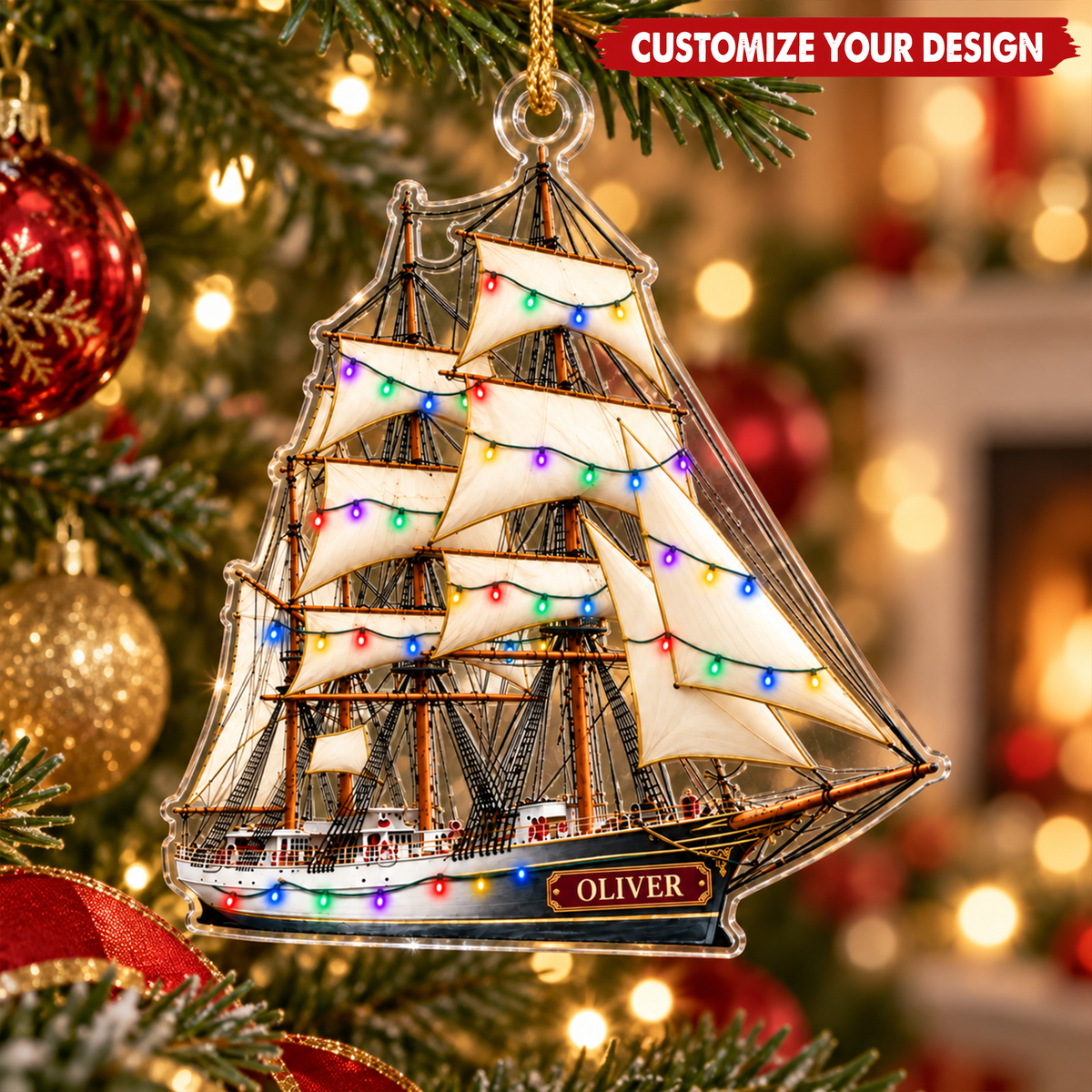 Tall Sailing Ship With Christmas Lights & Custom Name - Personalized Acrylic Ornament - Christmas Gift For Sailor & Boat Lover