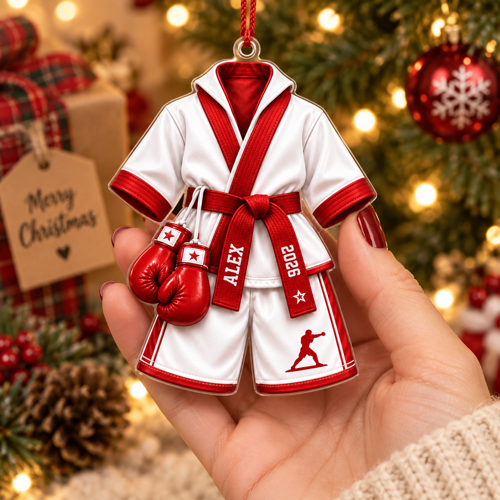 Martial Arts Uniform & Boxing Gloves With Custom Name & Year - Personalized Acrylic Ornament - Christmas Gift For Fighter