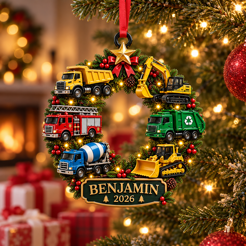 Construction Vehicles Christmas Wreath With Custom Name & Year - Personalized Acrylic Ornament - Christmas Gift For Boys