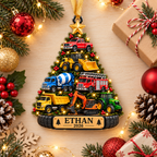 Construction Trucks Christmas Tree With Custom Name & Year - Personalized Acrylic Ornament - Christmas Gift For Boys & Kids
