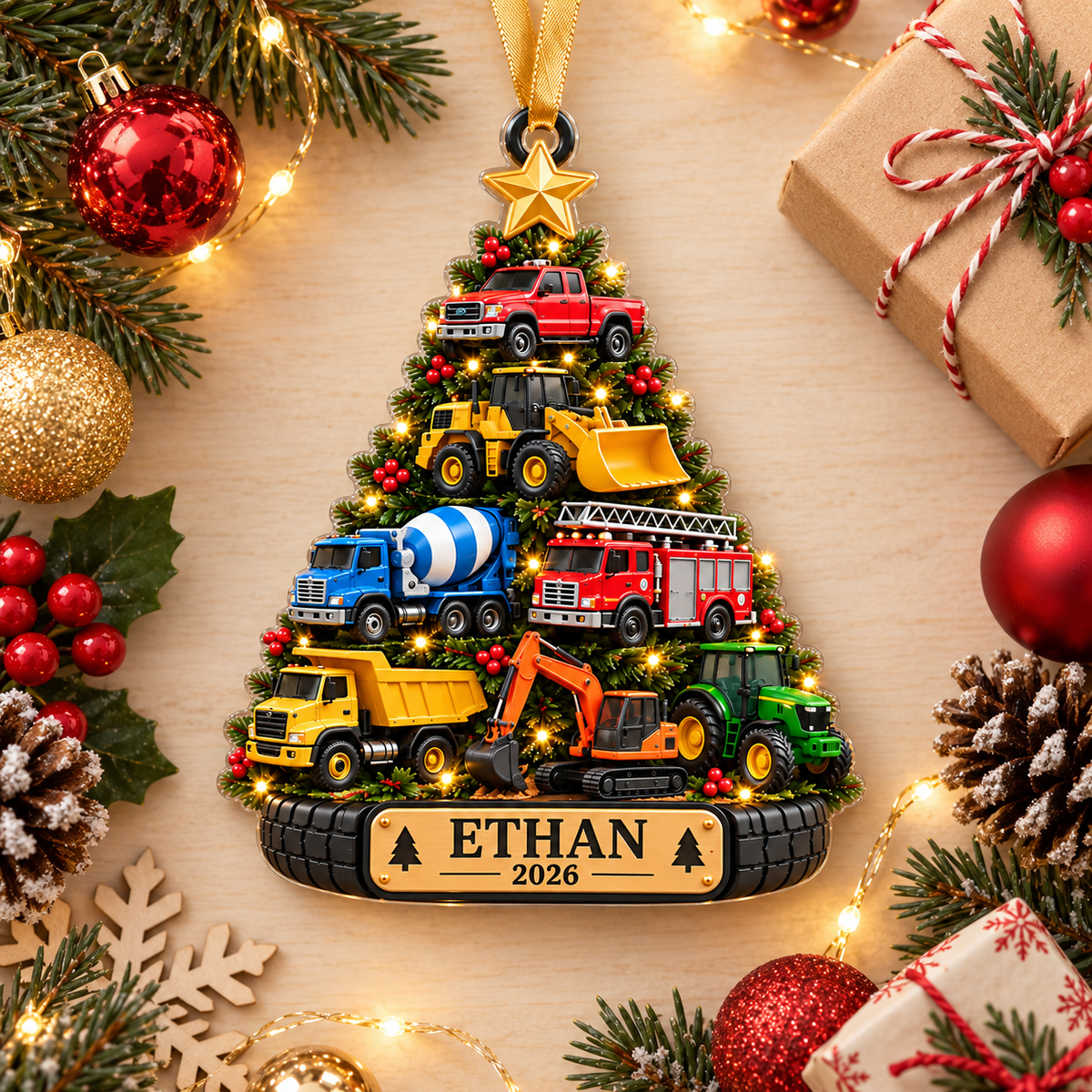 Construction Trucks Christmas Tree With Custom Name & Year - Personalized Acrylic Ornament - Christmas Gift For Boys & Kids