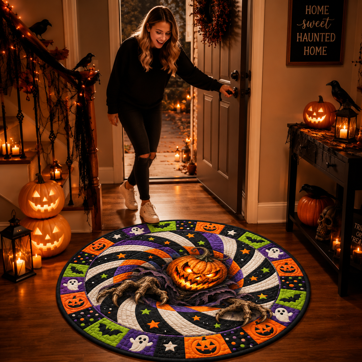 Halloween Skeleton Quilted Round Mat – 3D Vortex Illusion
