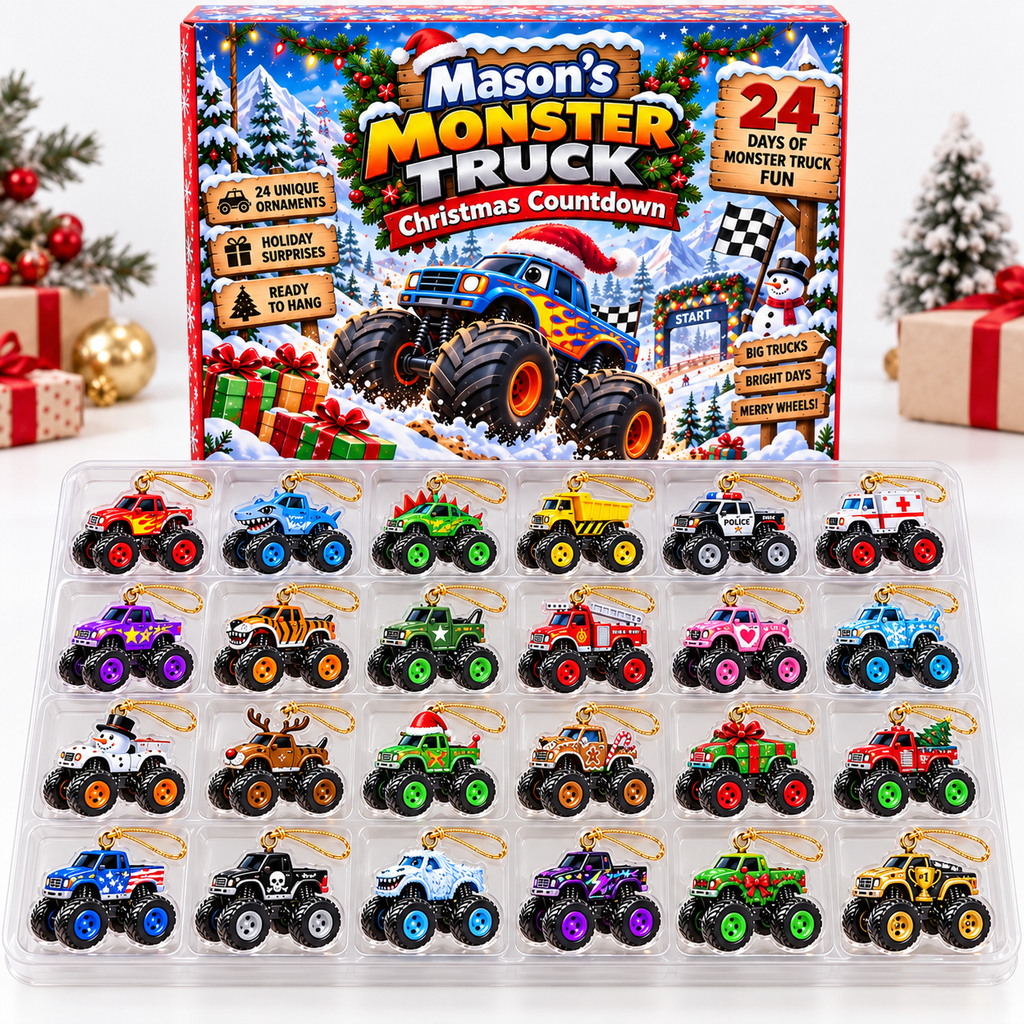 24-Day Monster Truck Christmas Countdown With Custom Name - 24 Piece Ornament Advent Calendar - Christmas Gift For Boys & Truck Lovers