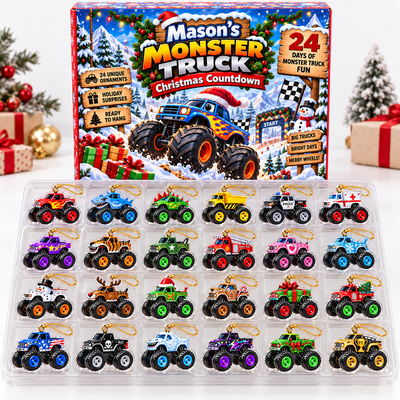 24-Day Monster Truck Christmas Countdown With Custom Name - 24 Piece Ornament Advent Calendar - Christmas Gift For Boys & Truck Lovers
