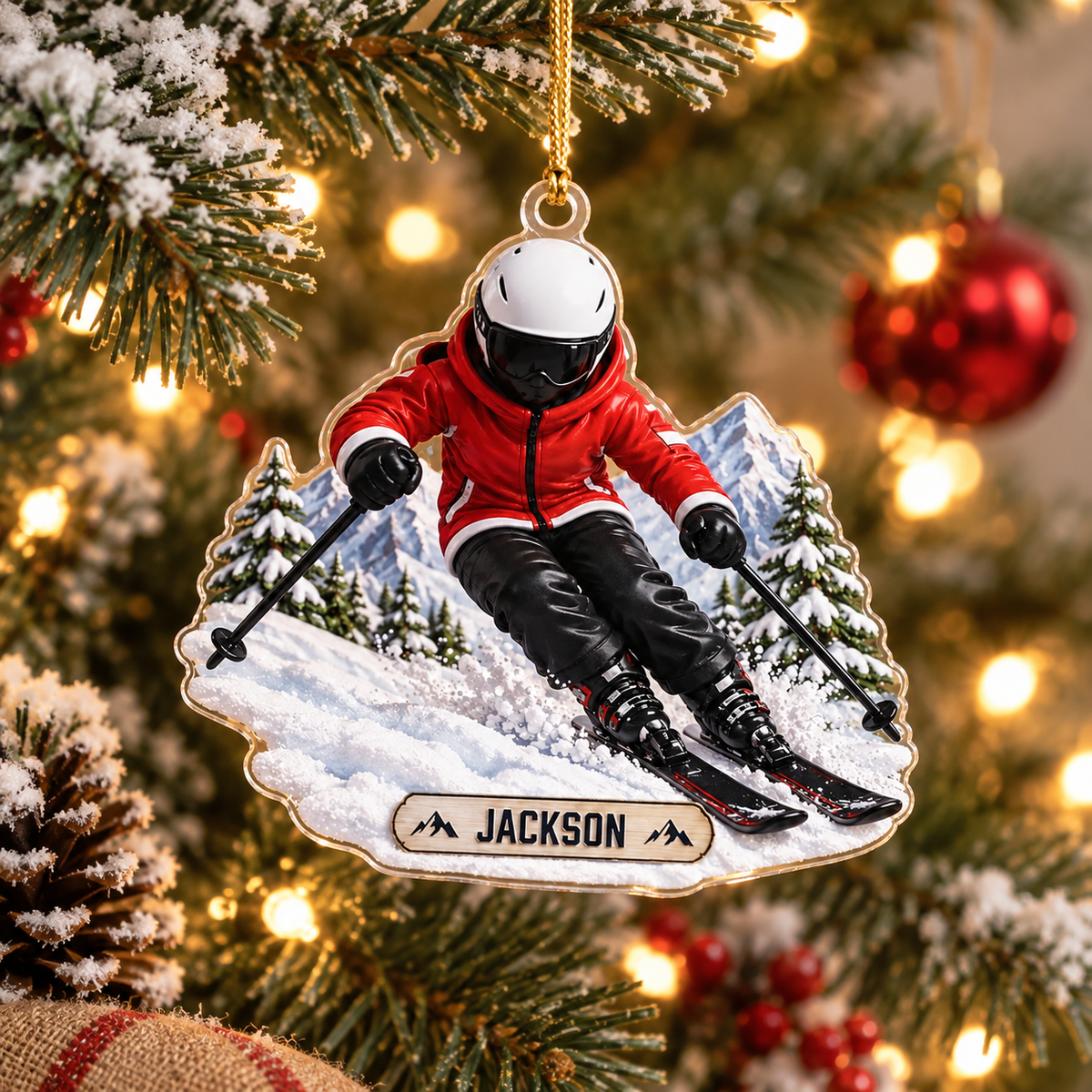 Downhill Skier In Snowy Mountains With Custom Name - Personalized Acrylic Ornament - Christmas Gift For Skier