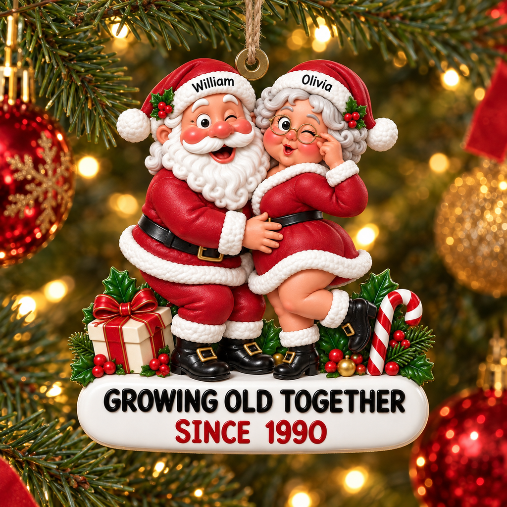 Santa & Mrs. Claus Growing Old Together With Custom Names & Year - Personalized Acrylic Ornament - Christmas Gift For Couple