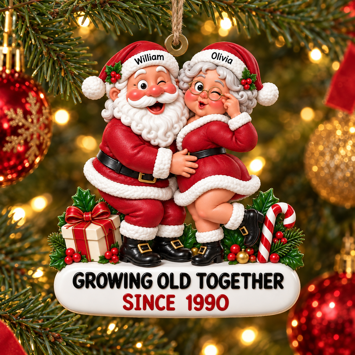Santa & Mrs. Claus Growing Old Together With Custom Names & Year - Personalized Acrylic Ornament - Christmas Gift For Couple