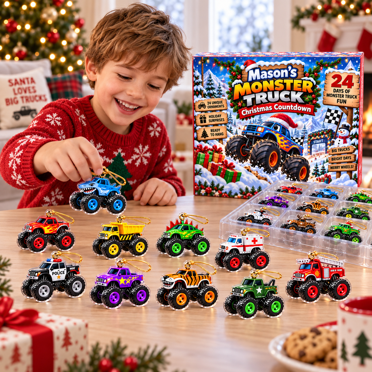 24-Day Monster Truck Christmas Countdown With Custom Name - 24 Piece Ornament Advent Calendar - Christmas Gift For Boys & Truck Lovers