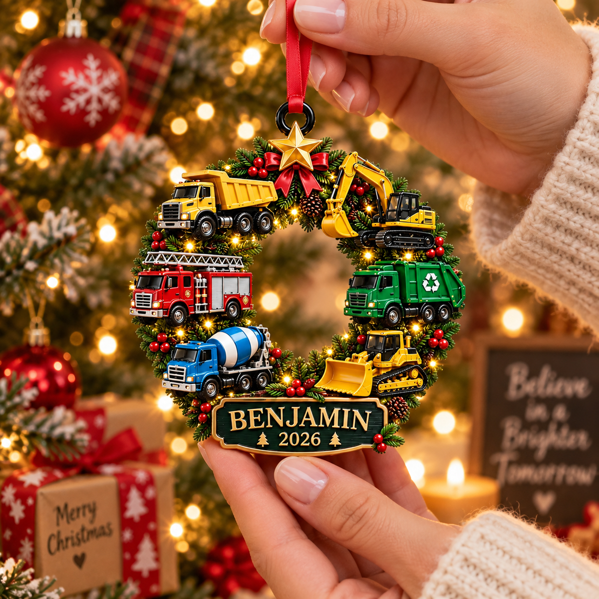Construction Vehicles Christmas Wreath With Custom Name & Year - Personalized Acrylic Ornament - Christmas Gift For Boys