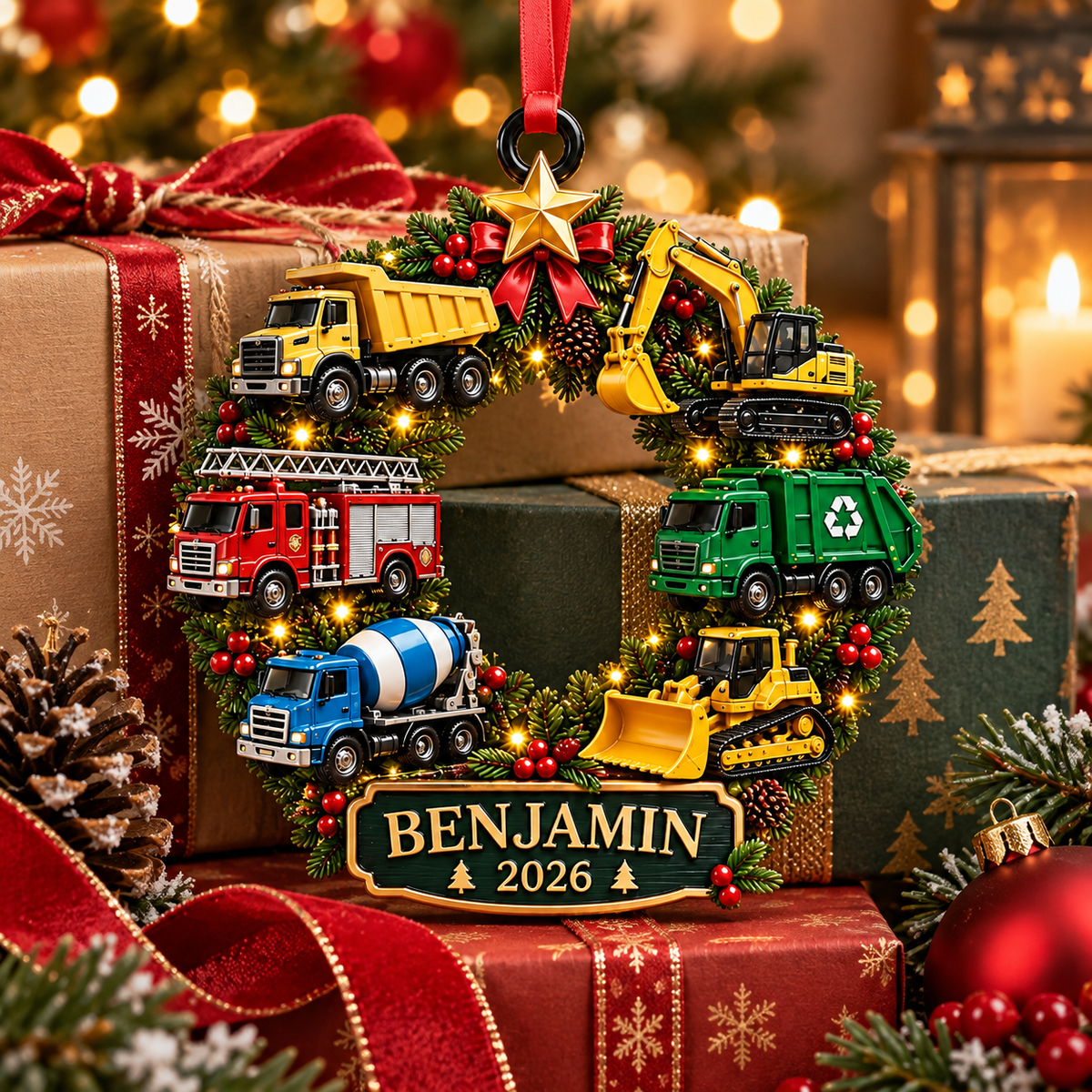 Construction Vehicles Christmas Wreath With Custom Name & Year - Personalized Acrylic Ornament - Christmas Gift For Boys