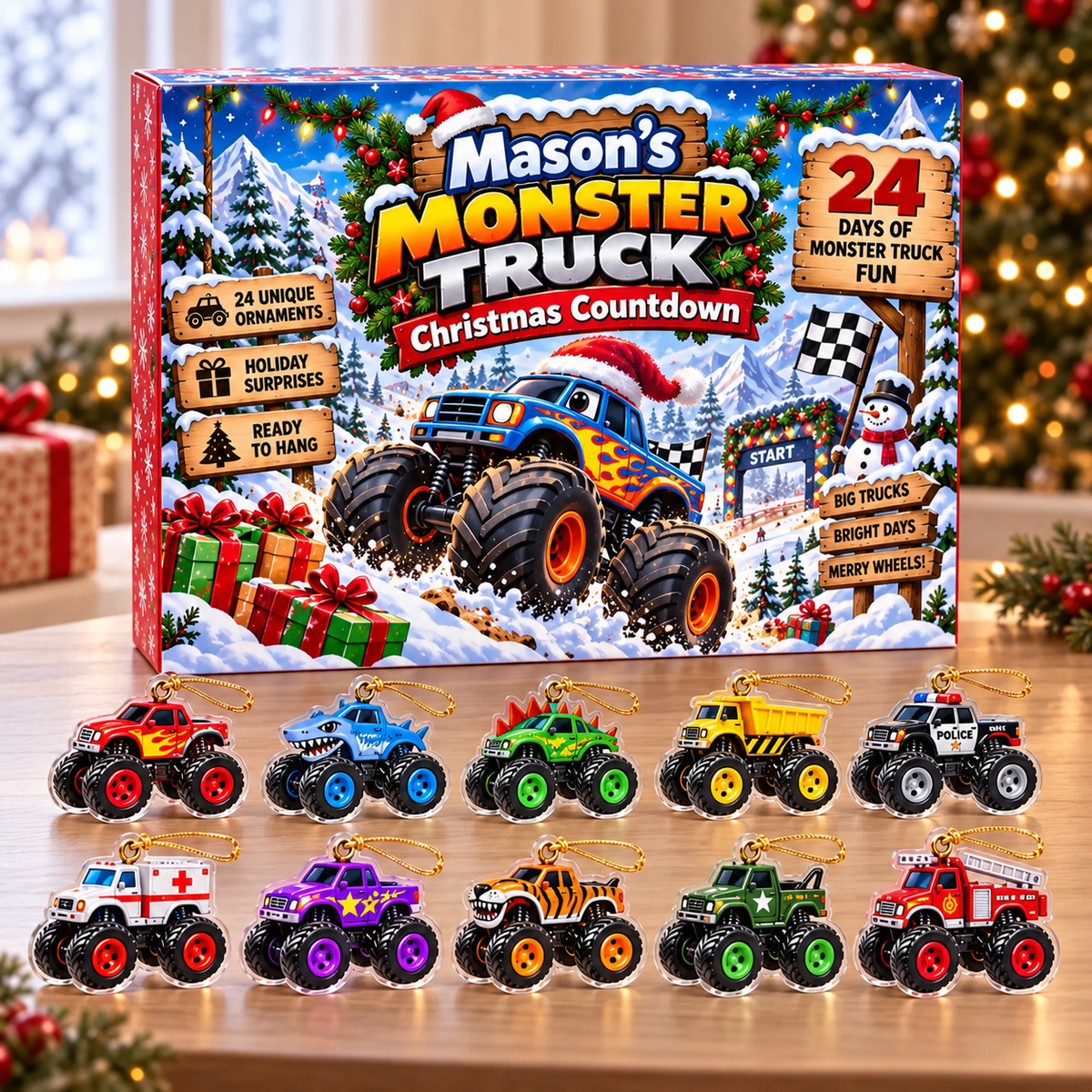 24-Day Monster Truck Christmas Countdown With Custom Name - 24 Piece Ornament Advent Calendar - Christmas Gift For Boys & Truck Lovers