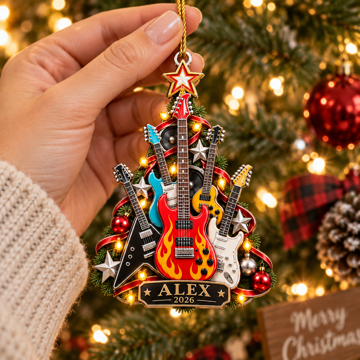 Rock Guitar Christmas Tree With Custom Name & Year - Personalized Acrylic Ornament - Christmas Gift For Guitarist & Music Lover